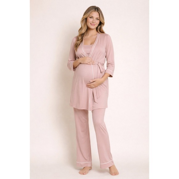 Bella Maternity 3-Piece Pajama Set Cotton/Modal Mandorla/Moon Ivory Size S